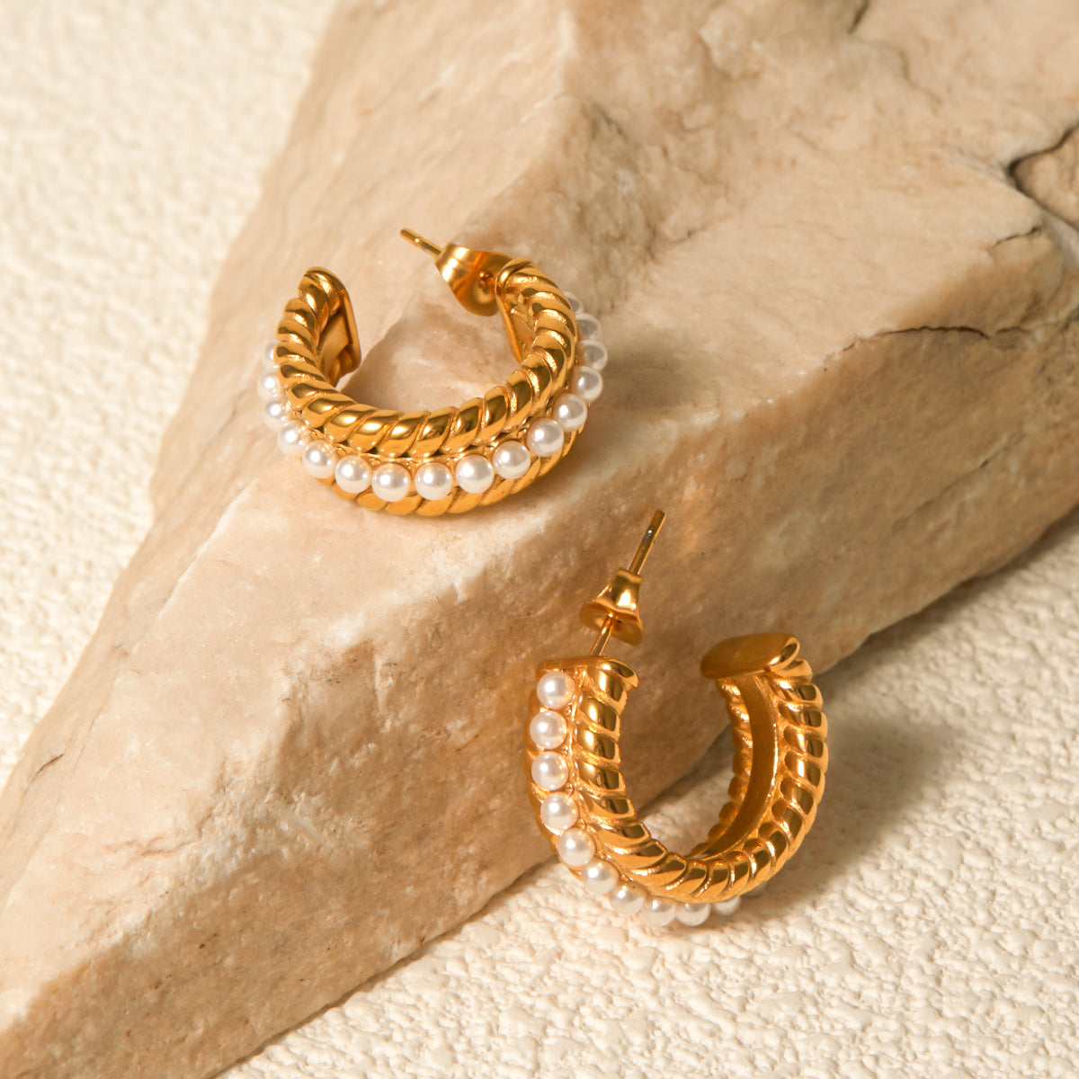 Stainless Steel Pearl C-Hoop Earrings - felvior