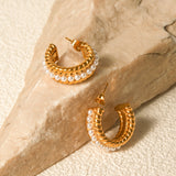 Stainless Steel Pearl C-Hoop Earrings - felvior