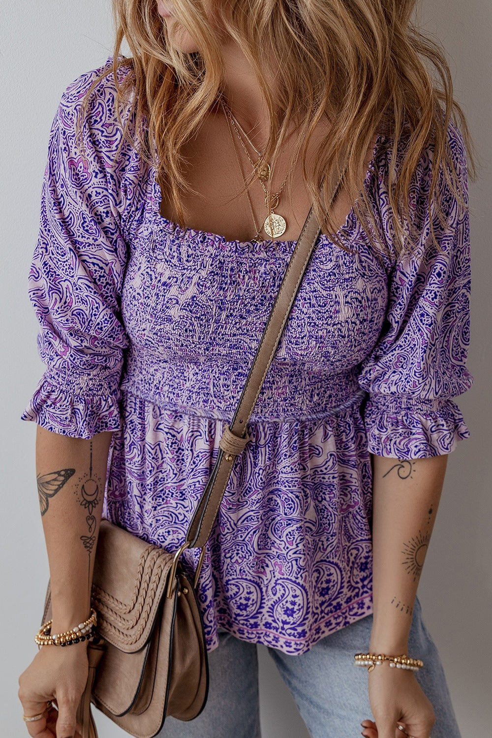 Printed Square Neck Half Sleeve Blouse - felvior