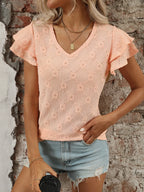 Eyelet V-Neck Ruffled Cap Sleeve Top
