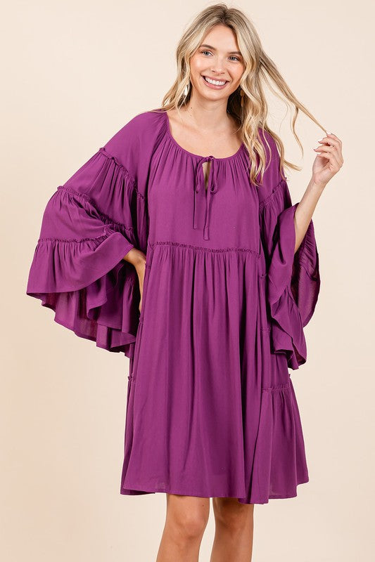 Mittoshop Frill Tie Neck Bell Sleeve Dress - felvior