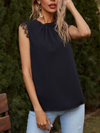 Lace Detail Ruched Round Neck Tank