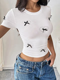 Heart Bow Round Neck Short Sleeve T-Shirt