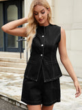 Button Down Vest and Shorts Denim Set - felvior