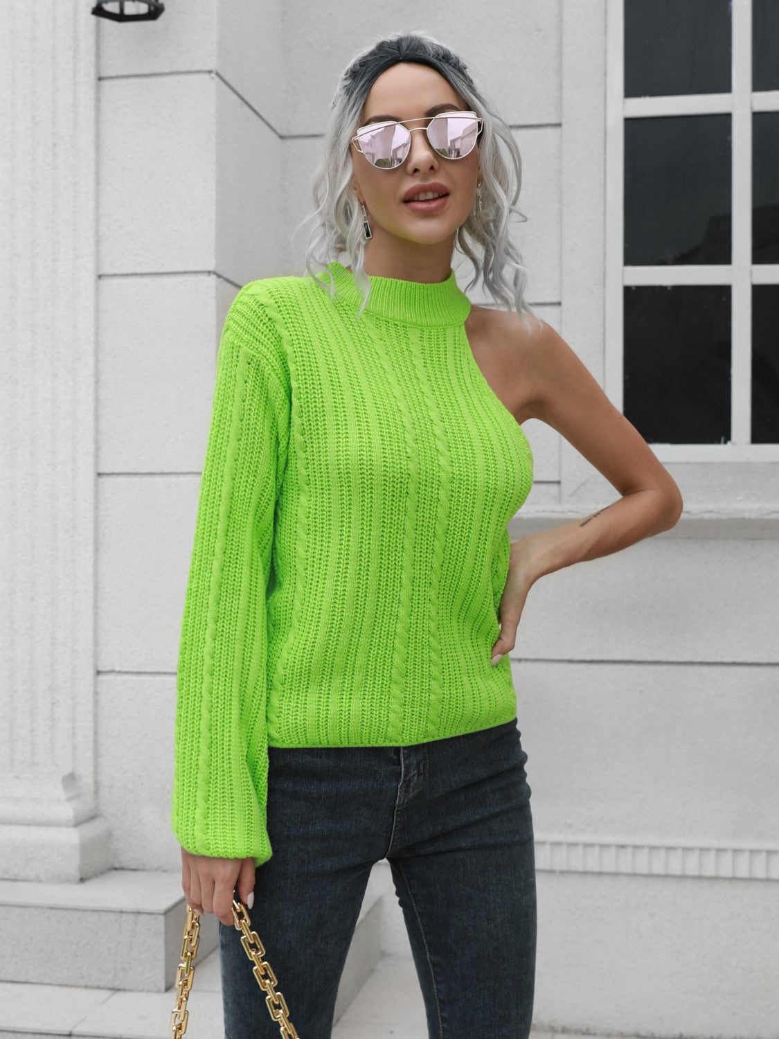 Cable-Knit Round Neck Asymmetrical Sweater - felvior