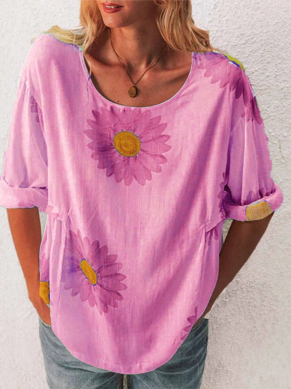 Full Size Flower Round Neck Half Sleeve T-Shirt Plus Size