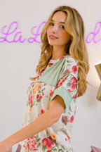 BiBi Floral Button Detail Round Neck Short Sleeve Terry T-Shirt