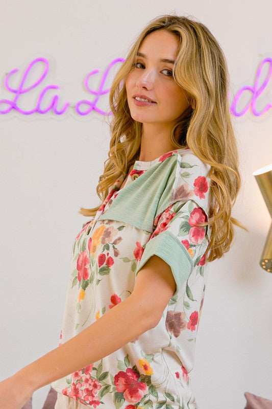 BiBi Floral Button Detail Round Neck Short Sleeve Terry T-Shirt