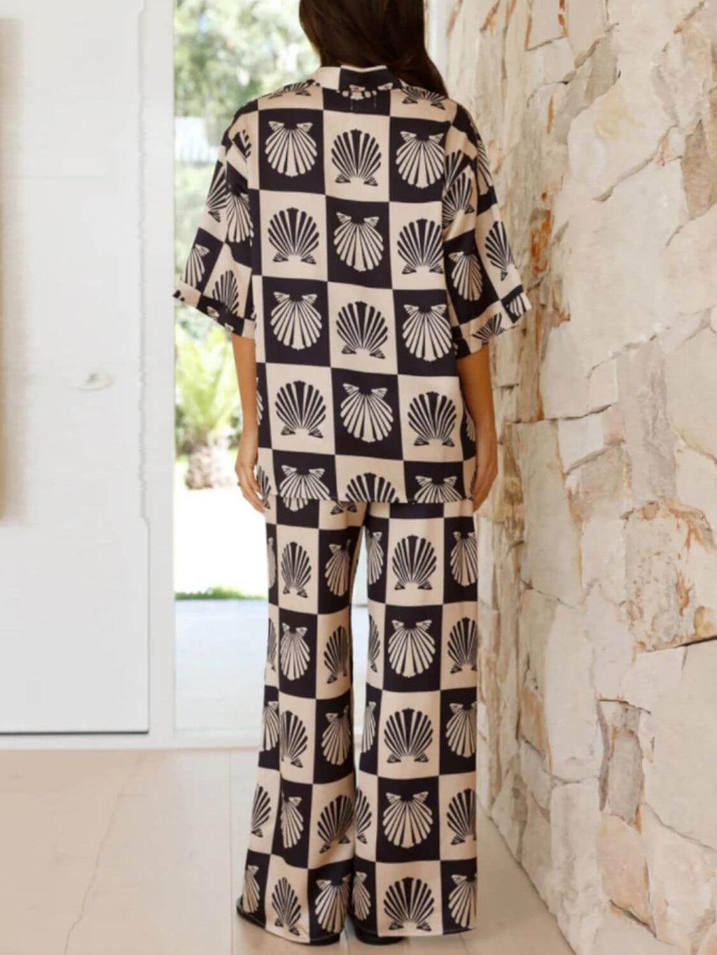 Printed Collared Neck Top and Wide Leg Pants Set