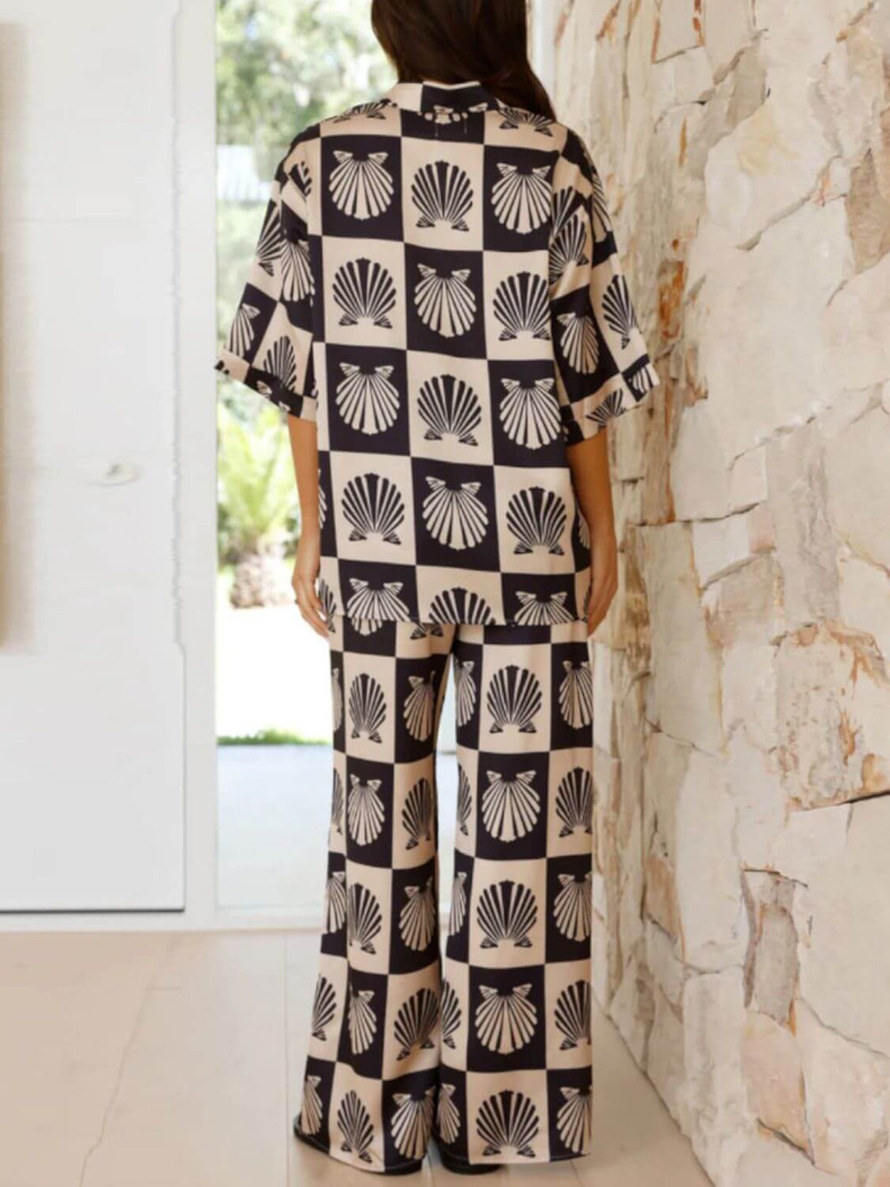 Printed Collared Neck Top and Wide Leg Pants Set