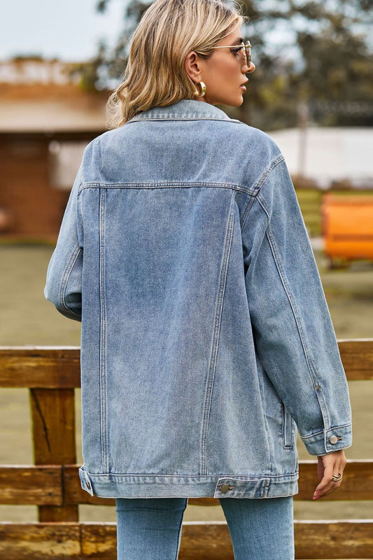 Buttoned Collared Neck Denim Jacket with Pockets - felvior