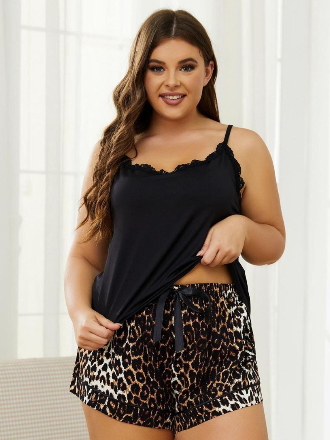 Plus Size Lace Trim Scoop Neck Cami and Printed Shorts Pajama Set Main image