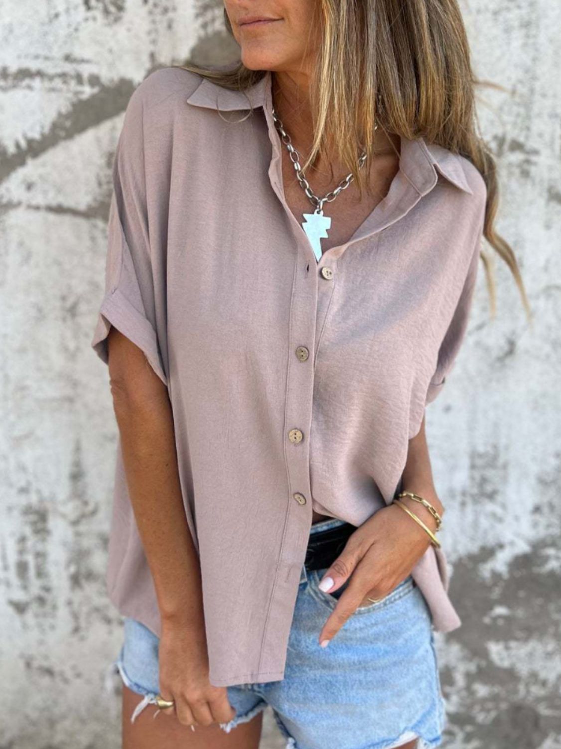 Full Size Button Down Short Sleeve Shirt Plus Size - felvior