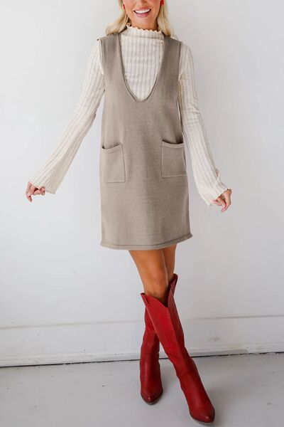 Lovelet Pocketed V-Neck Mini Sweater Overall Dress