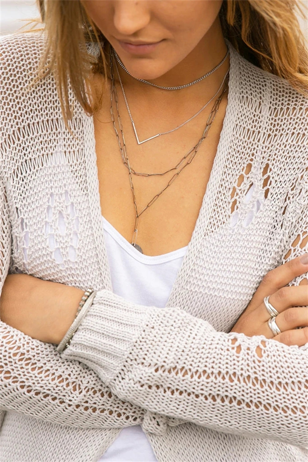 Openwork Side Slit Open Front Long Sleeve Cardigan - felvior