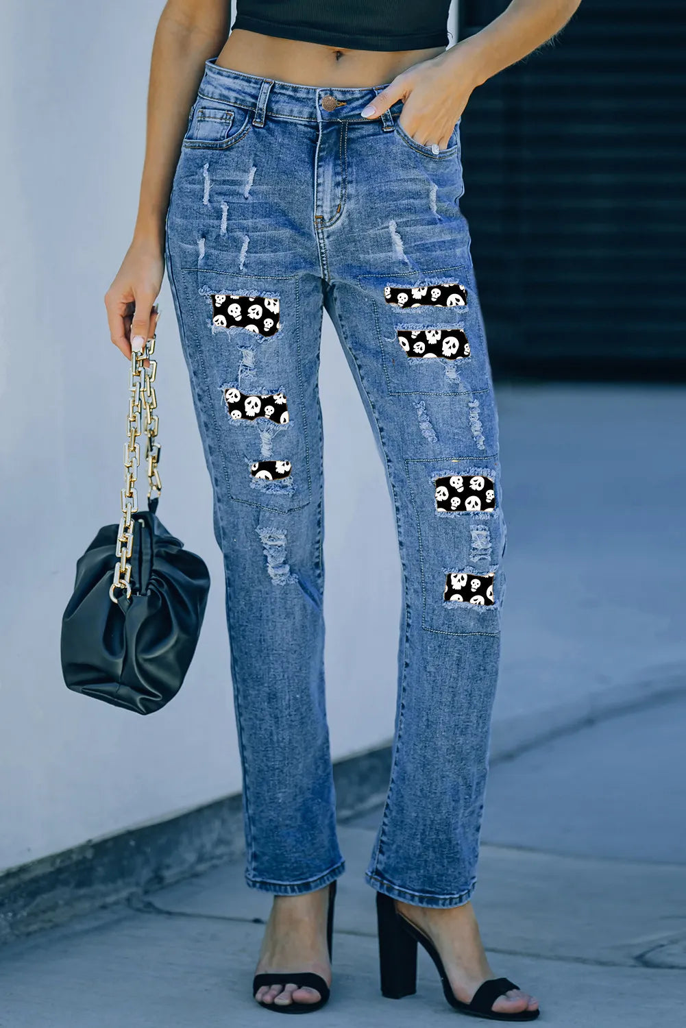 Distressed Skeleton Pattern Jeans with Pockets - felvior