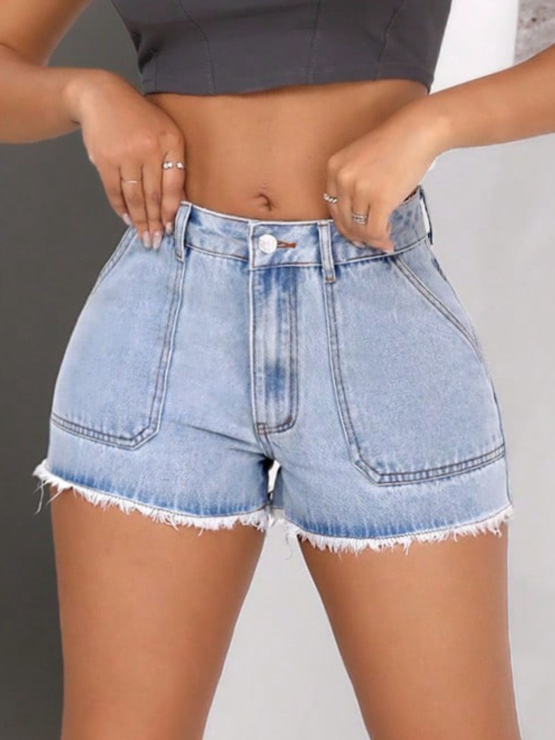 Raw Hem Pocketed Denim Shorts - felvior