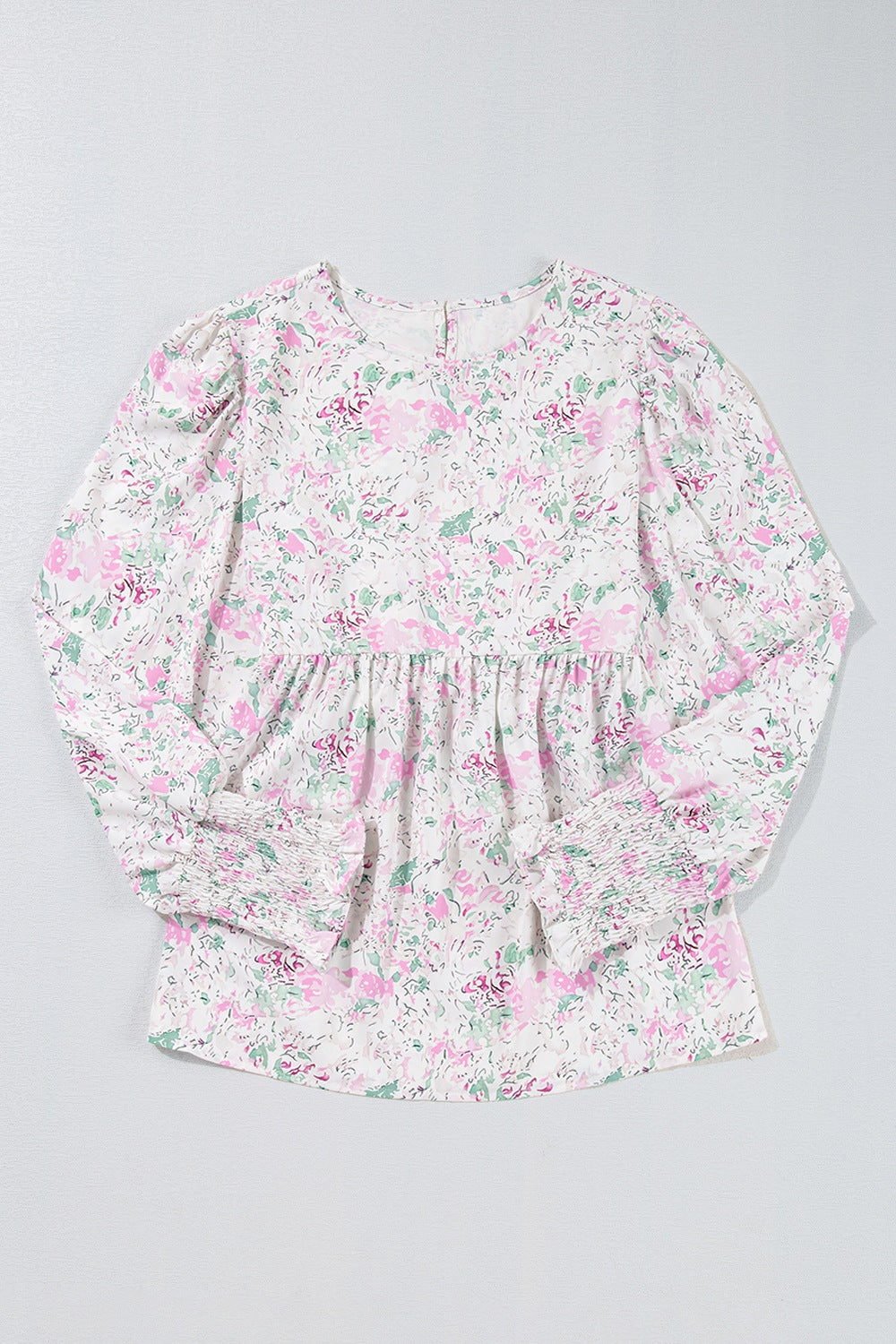 Printed Round Neck Long Sleeve Blouse - felvior