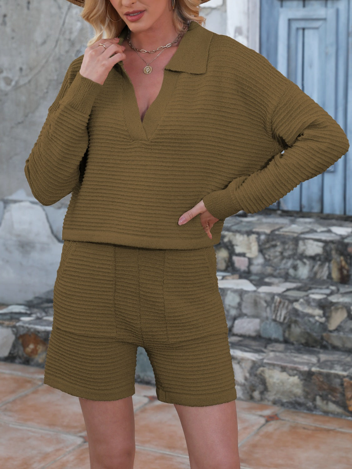 Johnny Collar Long Sleeve Top and Shorts Sweater Set
