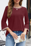 Contrast Trim Round Neck Three-Quarter Sleeve T-Shirt - felvior