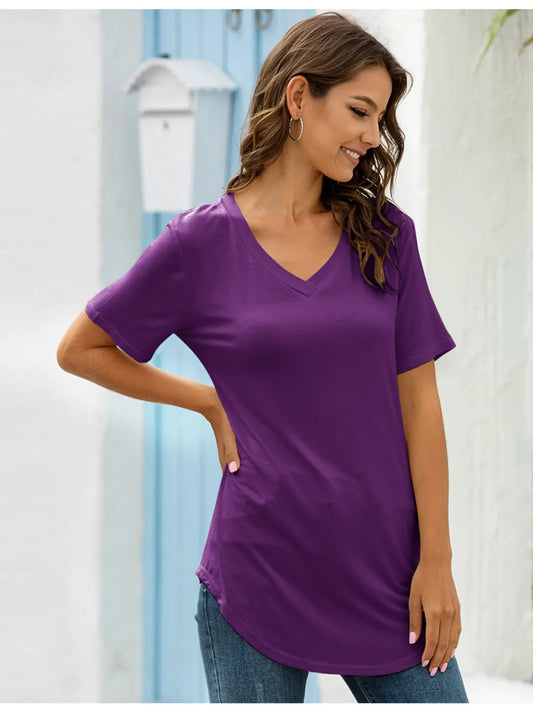 Full Size Solid V-Neck Short Sleeve T-Shirt Plus Size - felvior