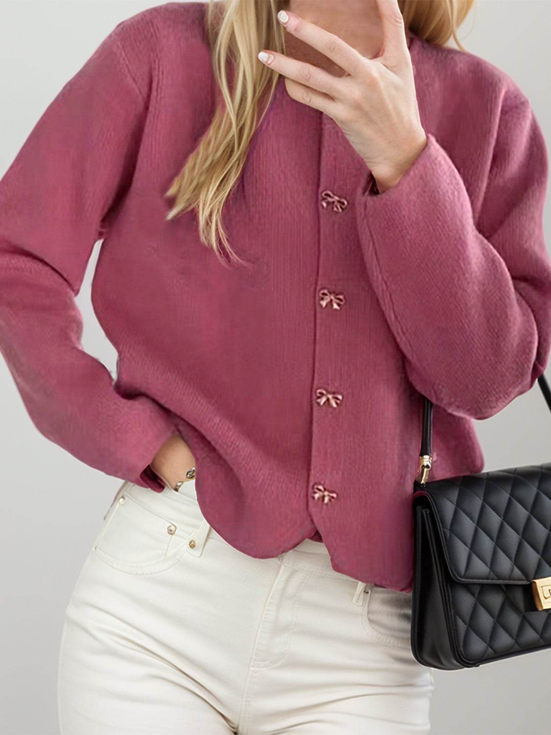 Bow Button Down Round Neck Long Sleeve Cardigan - felvior