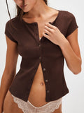 Lovelet Round Neck Button Up Short Sleeve Top - felvior