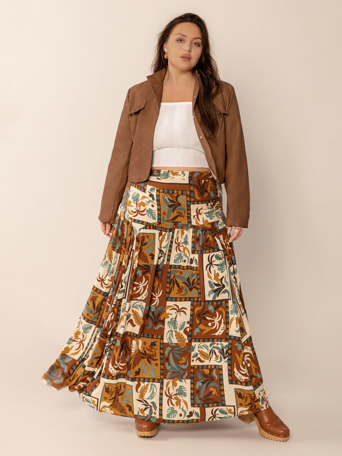 Plus Size Ruched Printed Maxi Skirt - felvior