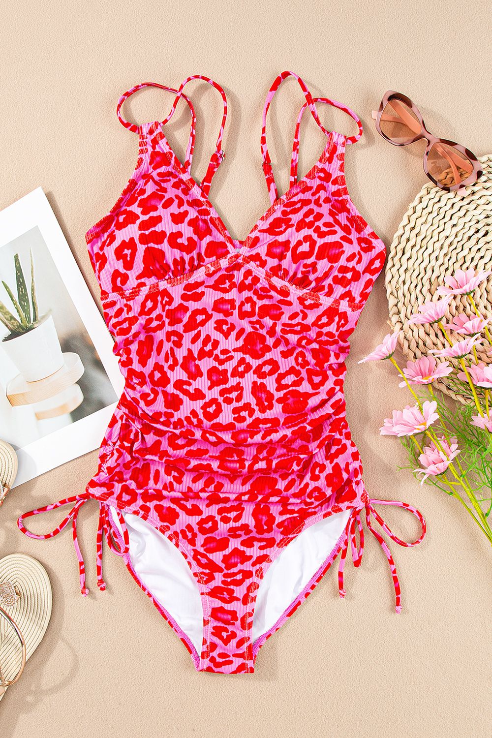 Leopard Cutout Ribbed Side Drawstring One-Piece Swimsuit