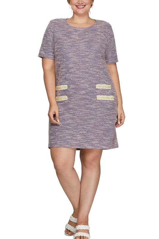 She + Sky Full Size Short Sleeve Pearl Studded Trim Knit Tweed Dress Plus Size - felvior