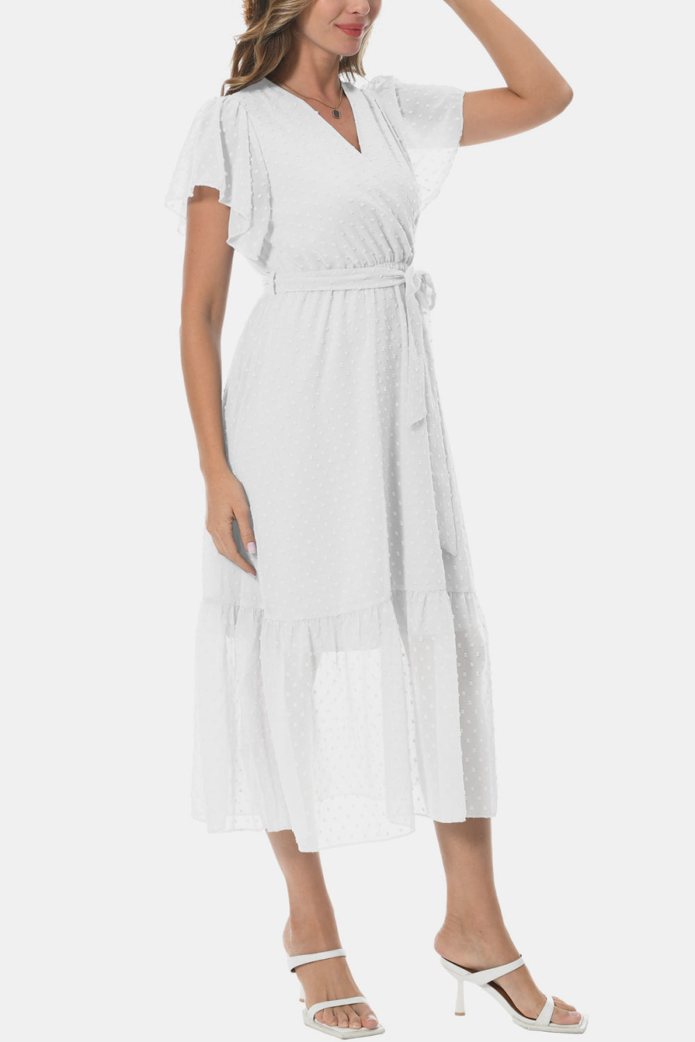 Surplice Neck Flutter Sleeve Tied Dress - felvior