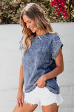 Pearl Trim Round Neck Cap Sleeve Denim Top - felvior