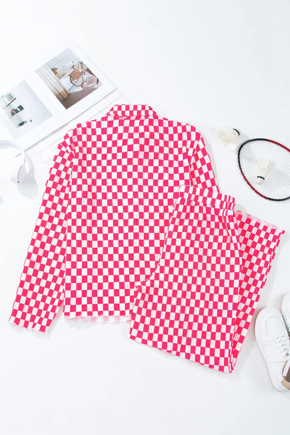 Checkered Button Up Top and Pants Lounge Set - felvior