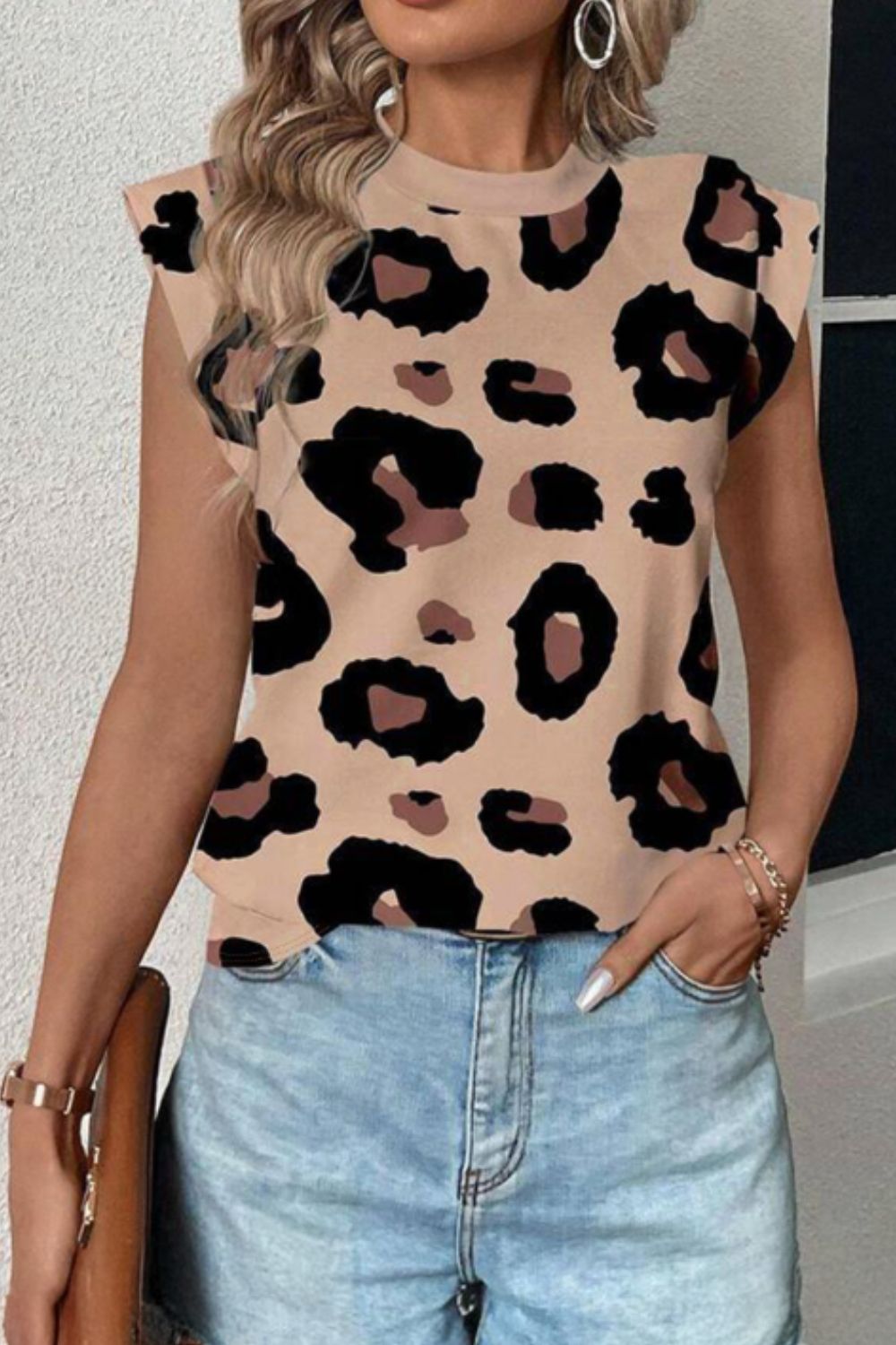 Leopard Round Neck Cap Sleeve T-Shirt Hauptbild