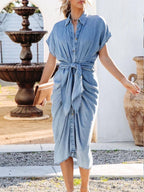 Collared Neck Tie Waist Short Sleeve Denim Dress