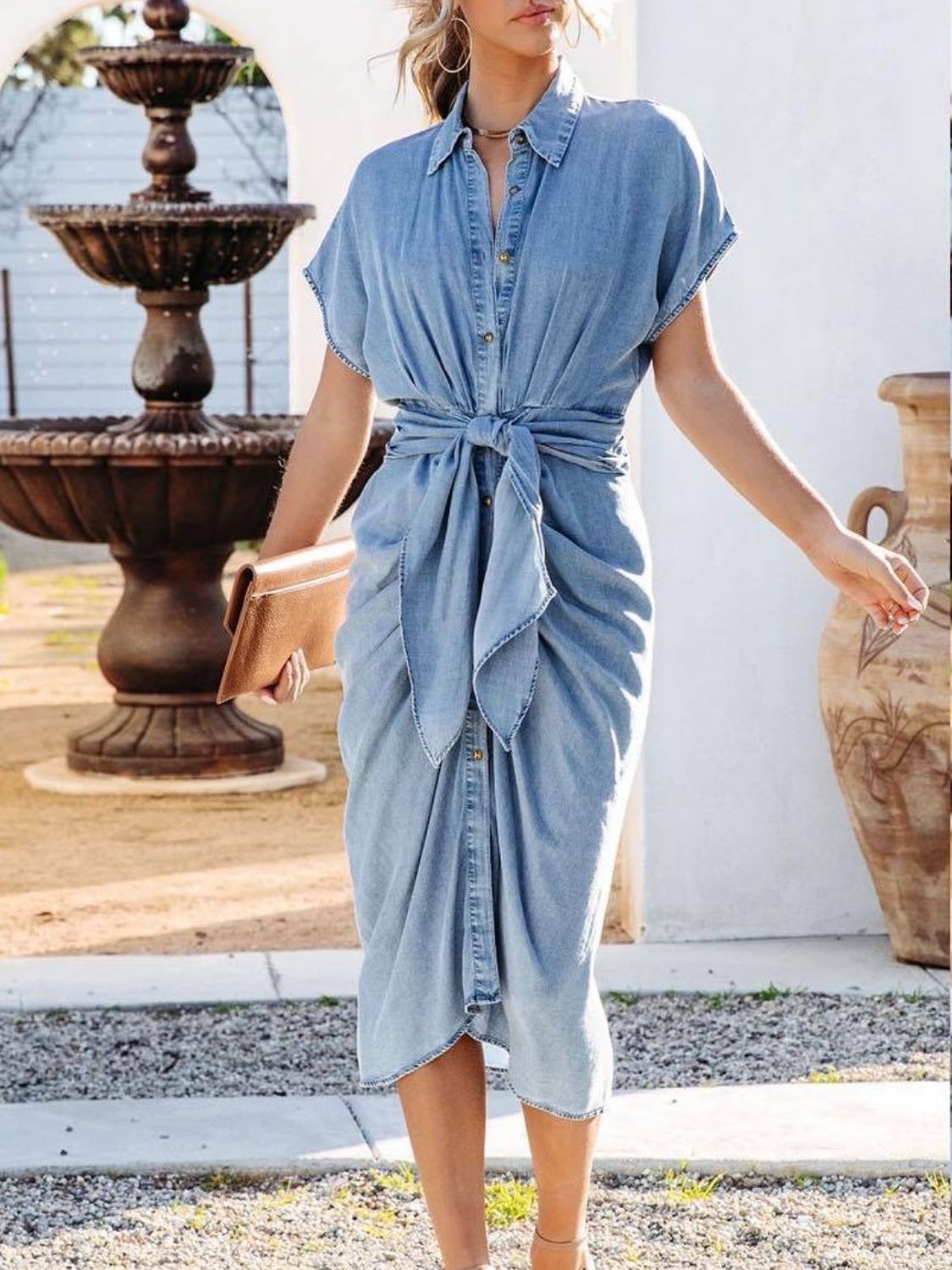 Collared Neck Tie Waist Short Sleeve Denim Dress - felvior