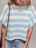 Stripe Round Neck Half Sleeve Knit Top - felvior
