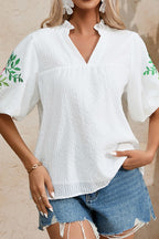 Floral Embroidered Puff Sleeve Notched Blouse