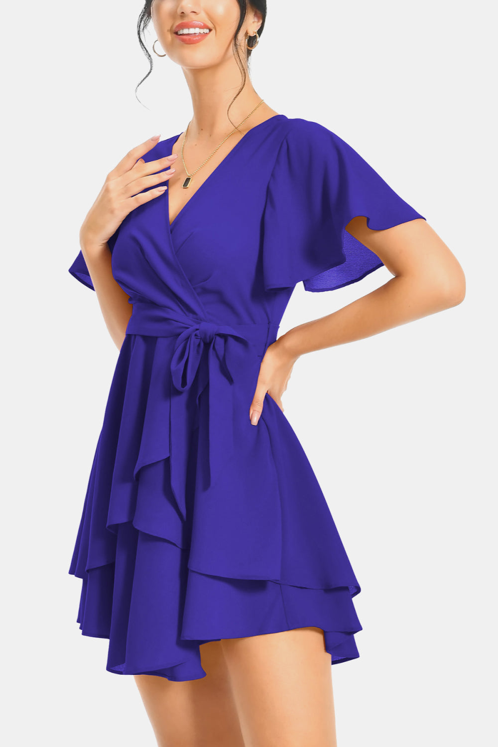 Surplice Neck Flutter Sleeve Dress - felvior