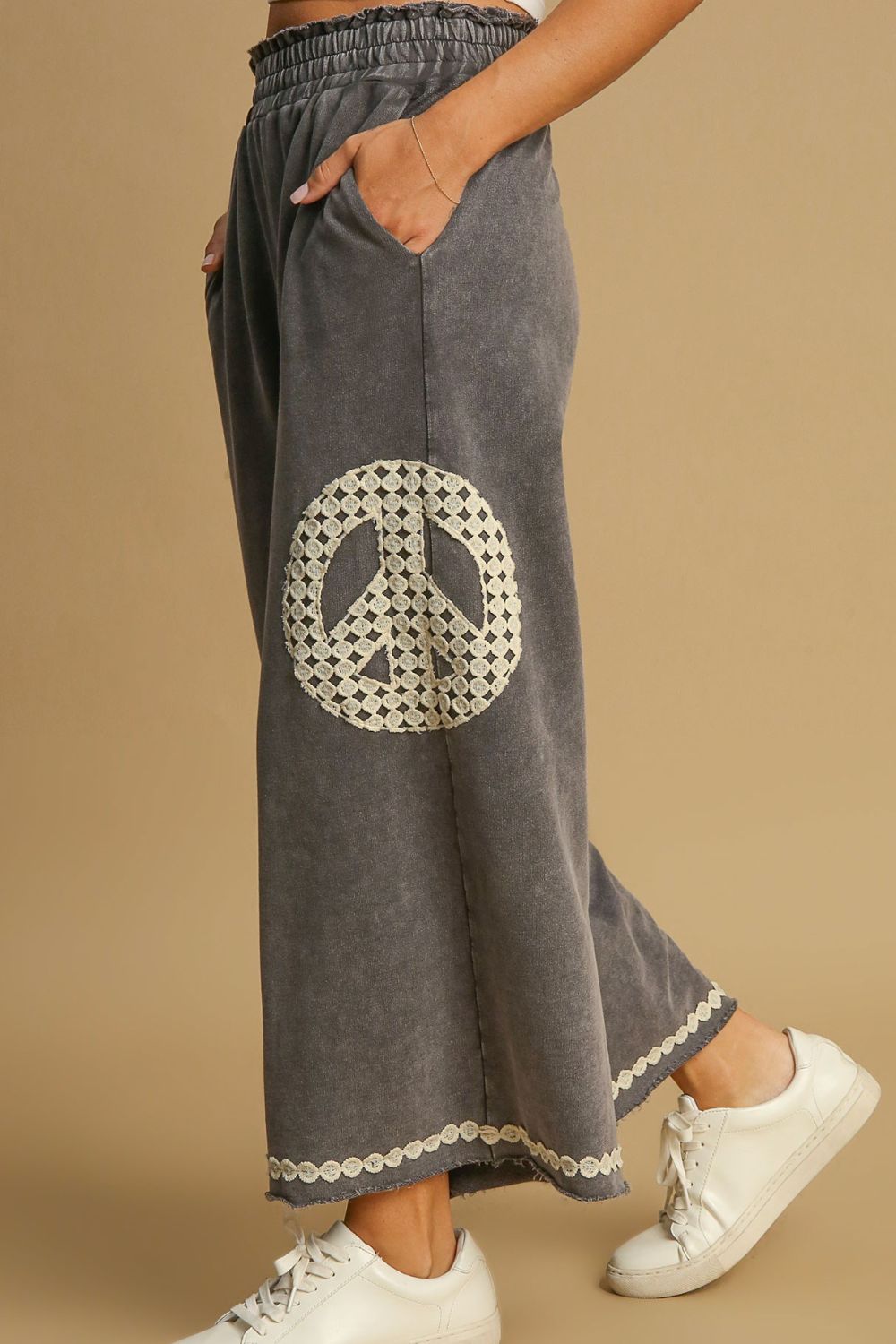 Umgee Full Size Peace Lace Applique Mineral Wash Wide Leg Pants Plus Size - felvior