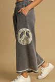 Umgee Full Size Peace Lace Applique Mineral Wash Wide Leg Pants Plus Size - felvior