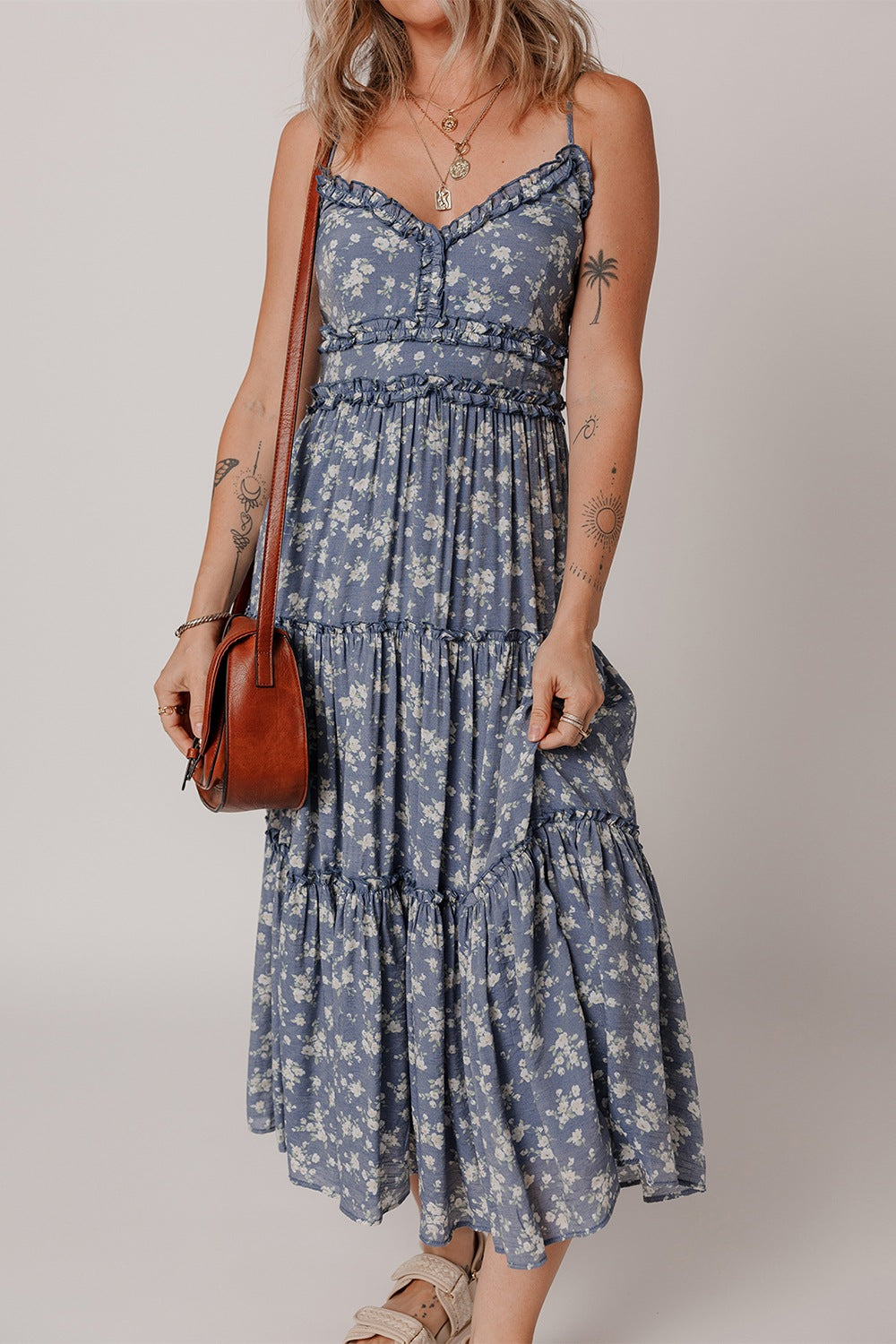 Floral Spaghetti Strap Frilled V Neck Tiered Midi Dress - felvior