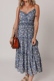 Floral Spaghetti Strap Frilled V Neck Tiered Midi Dress - felvior