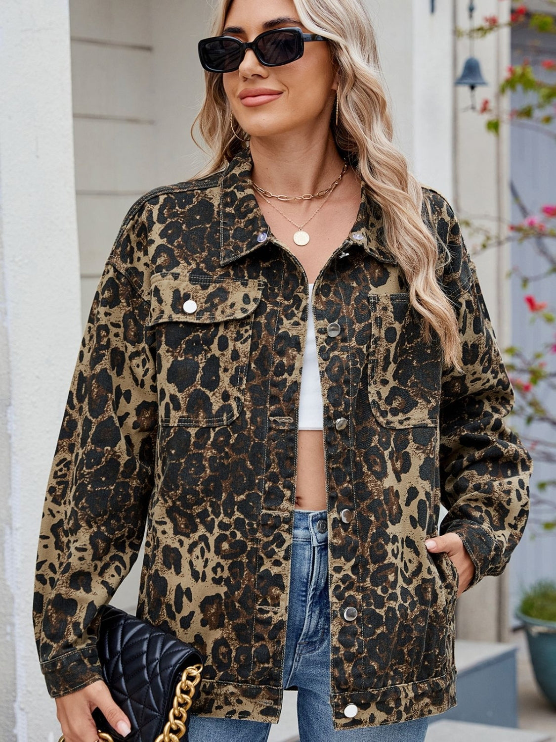 Pocketed Leopard Long Sleeve Denim Jacket - felvior