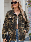 Pocketed Leopard Long Sleeve Denim Jacket - felvior