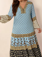 Plus Size Printed V-Neck Balloon Sleeve Maxi Dress