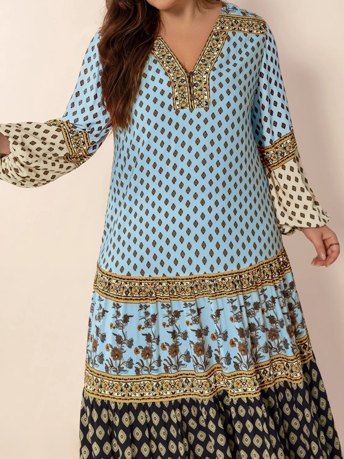 Plus Size Printed V-Neck Balloon Sleeve Maxi Dress