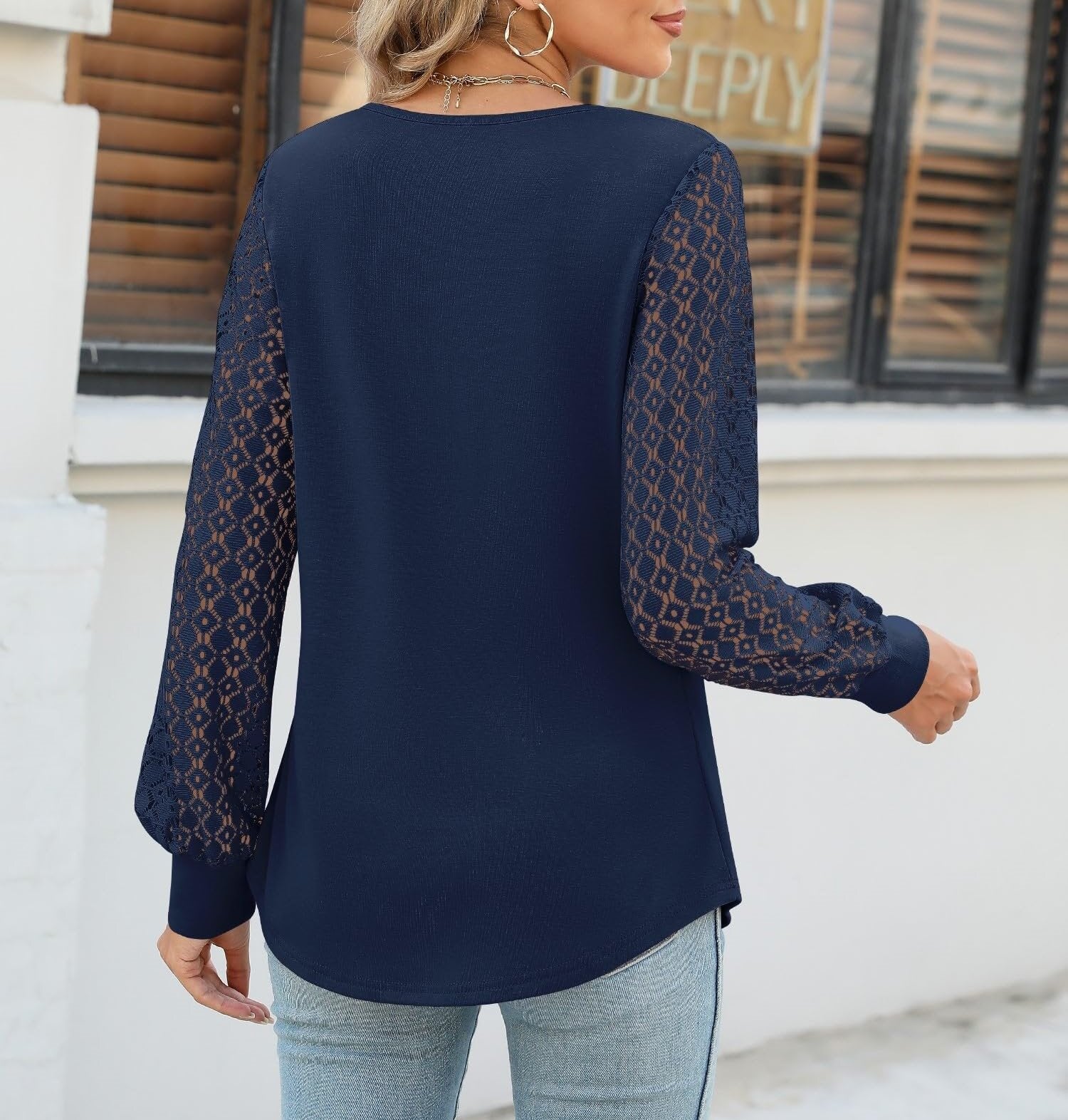 Cutout Round Neck Lace Long Sleeve Blouse - felvior