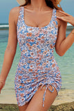 Drawstring Printed Wide Strap Swim Dress - felvior