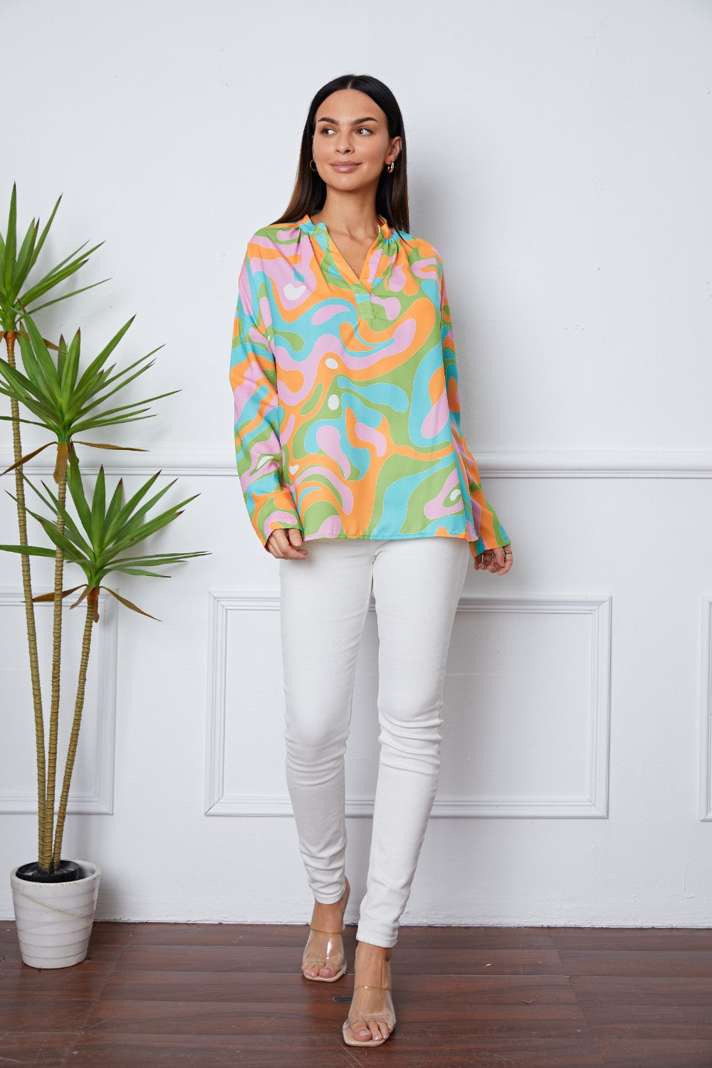 Printed Notched Long Sleeve Blouse - felvior
